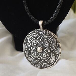 Vicky Jousan VJ Medallion Silver Tone Leather Necklace